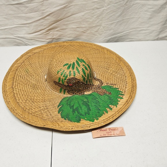 Art Toppers Inc Hand Painted Sun Hat Women OS Tan Leopard Jungle Wide Brim Straw main image 5